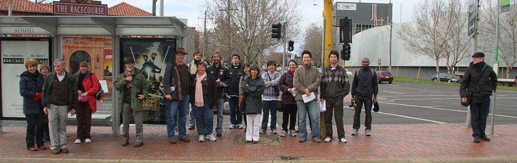 First-ever Computing History Tour of Melbourne, 16 August 2008: participants at tram stop at Caulfield campus of Monash University